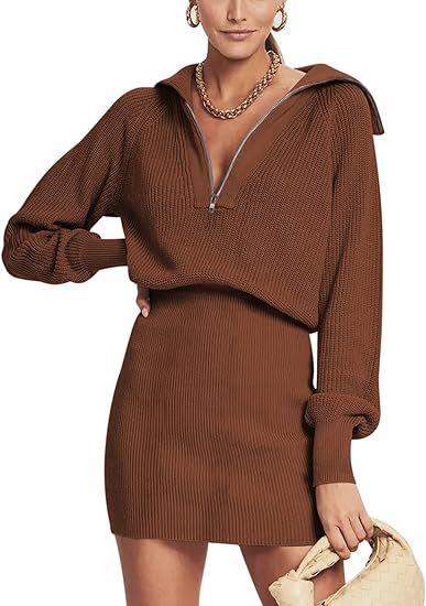 DEEP SELF Women's Casual Long Sleeve Bodycon Sweater Dresses Fall Half Zip V Neck Slim Fit Ribbed... | Amazon (US)