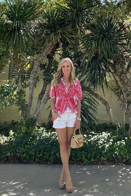Lavender and hot pink Ikat top from Sheridan French Paired with white shorts, Pamela Munson raffia bag and cork wedges Pink Spring top Pink Summer top

#LTKstyletip #LTKFind #LTKU