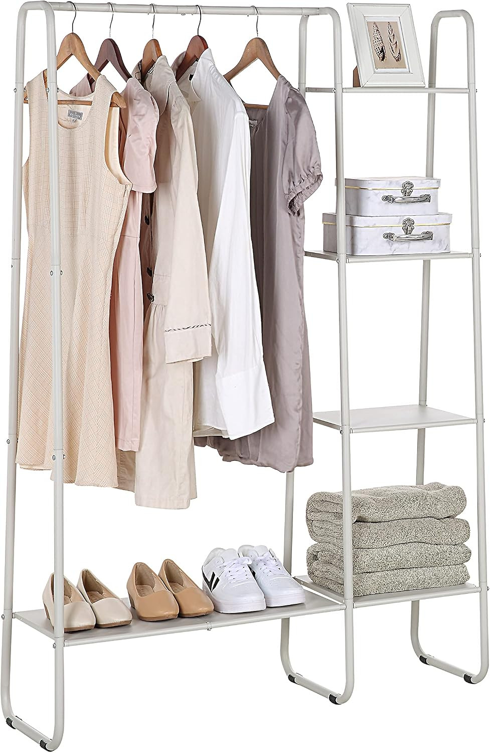 SunnyPoint Open Closet Garment Rack with 4-Tier Shelves & Bottom Storage Shelf, Freestanding Open Wardrobe Clothes Rack Organizer with Hanging Rod for Bedroom Closet. (OFF-WHITE) | Amazon (US)