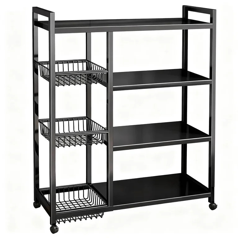 Movable Wire Rack, Heavy-Duty 4-Tier Storage Shelf with 3 Baskets and Wheels, Metal Shelves Organ... | Walmart (US)