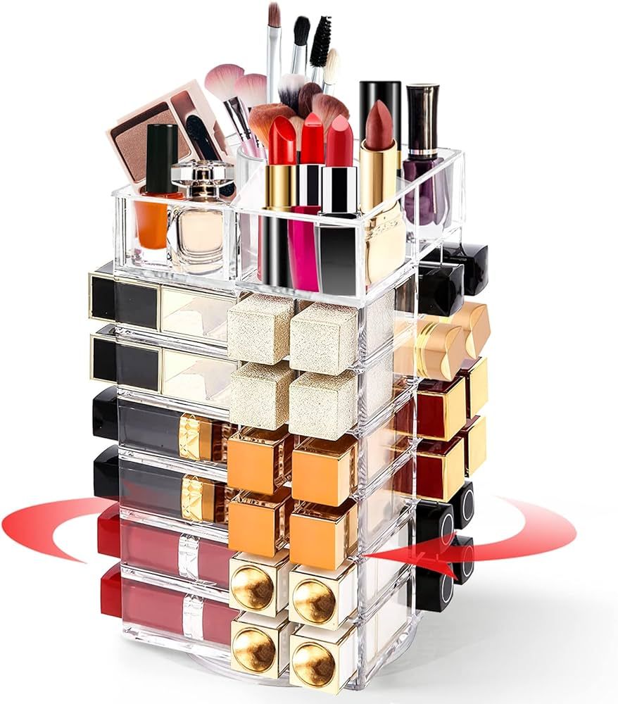 Acrylic Lipstick Tower Holder, 360 Degree Rotating Makeup Cosmetic Lipsticks Organizer with 53 Sl... | Amazon (US)