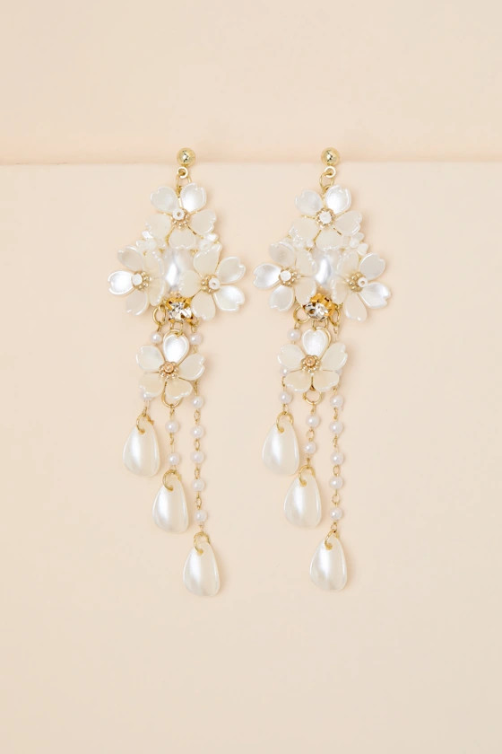 Mosely White Pearl Floral Statement Earrings | Lulus