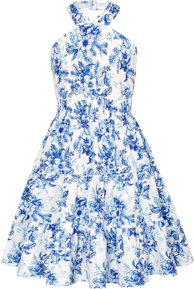 GRACE KARIN Girls Summer Dress Halter Neck Floral A-line Midi Dress 5-14Y | Amazon (US)