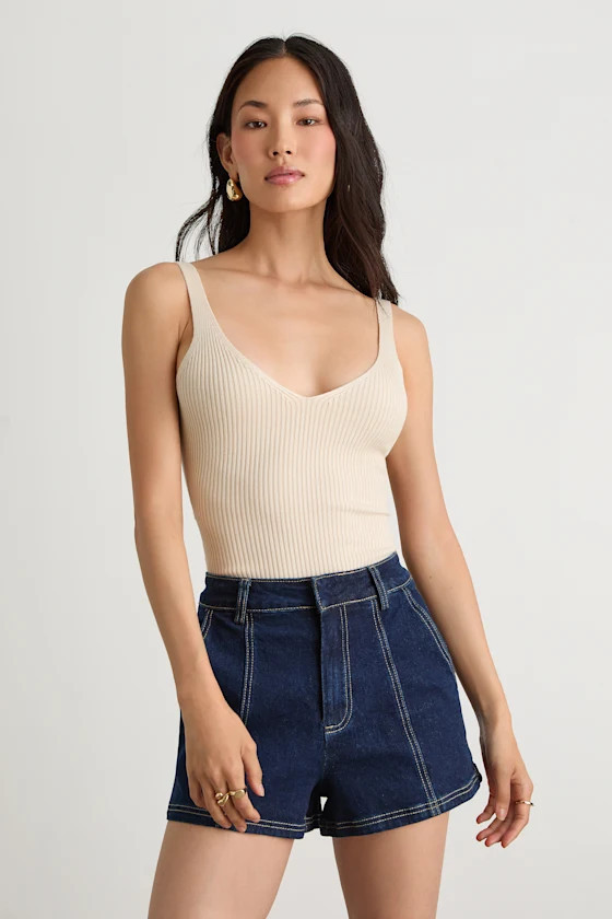 Emberlin Beige Ribbed Low-Back Sleeveless Bodysuit | Lulus