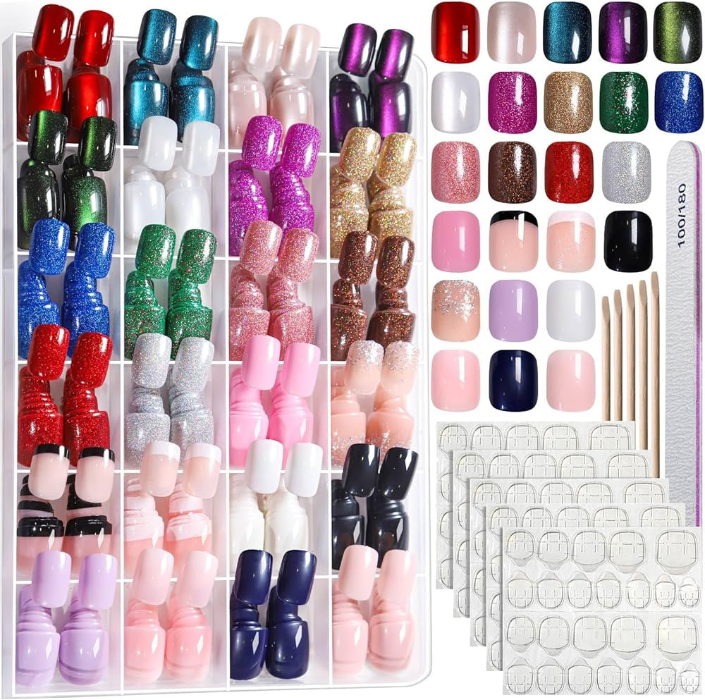 FANDAMEI Press on Nails, 24 Colors 576PCS Short Press on Nails, Cat Eye Nails Short Round. Glossy... | Amazon (US)