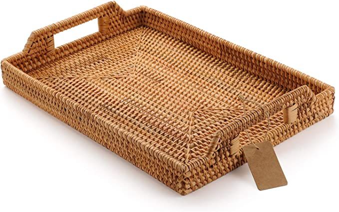 Hand-Woven Rattan Rectangular Serving Tray with Handles for Breakfast, Drinks, Snack for Coffee T... | Amazon (US)