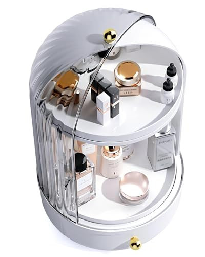 YOOLENS Makeup Organizer for Vanity Rotating Make up Storage with Cover and Drawer Large Skincare Cosmetics Organizers, Grey | Amazon (US)