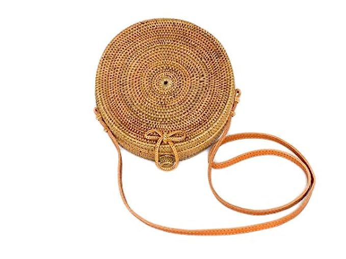 Bali Harvest Round Woven Ata Rattan Bag with Bow Clasp (with Genuine Leather Strap) | Amazon (US)