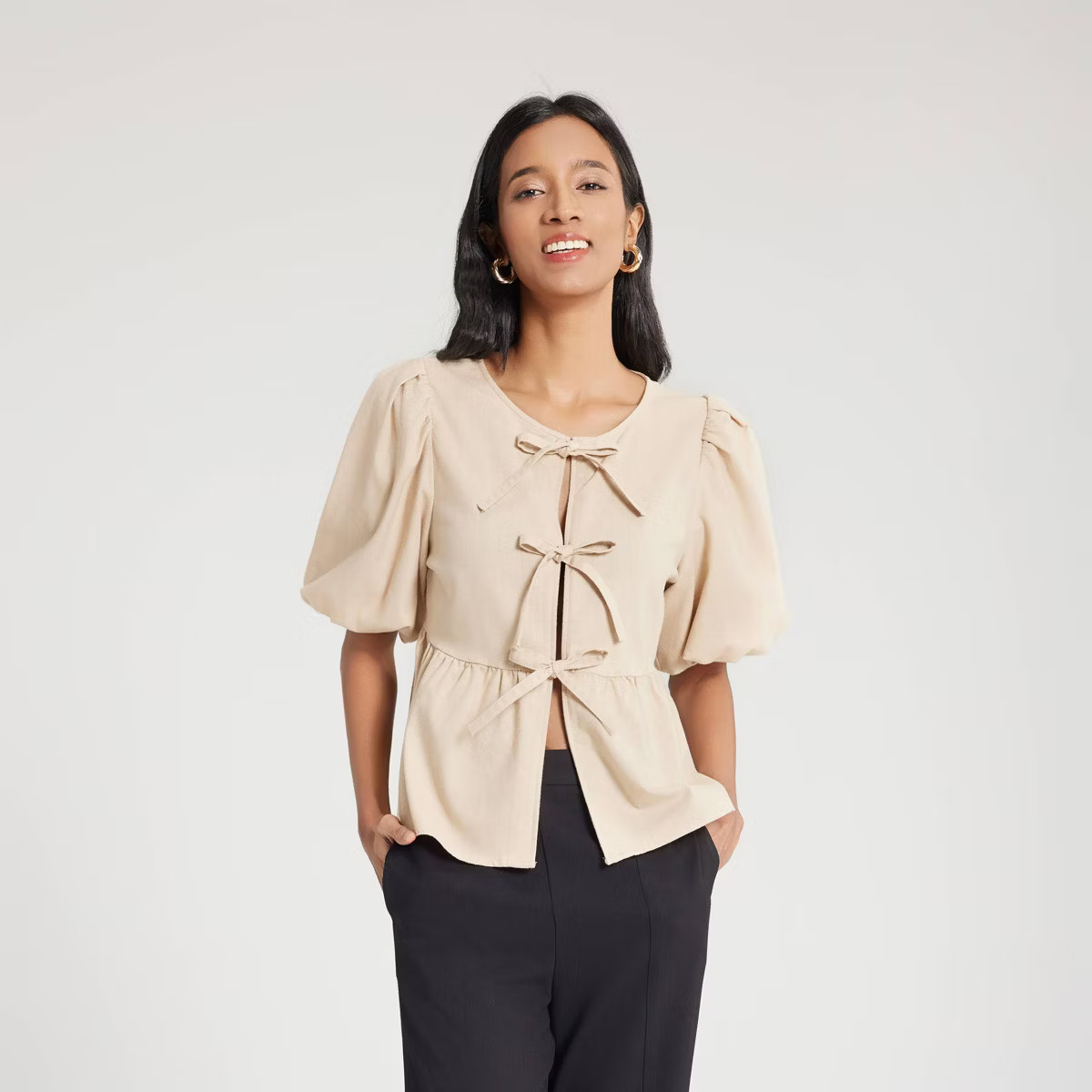 Women's Bubble Sleeve Tie-Front Blouse - A New Day™ | Target