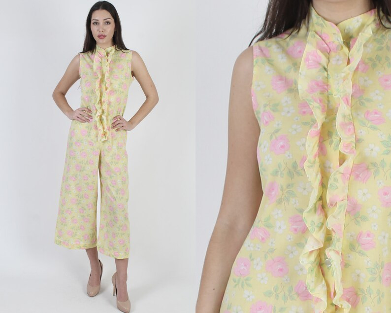 60s Colorful Yellow Floral Jumpsuit / Wide Leg Palazzo Jumpsuit / 1960s Disco Party Bell Bottoms | Etsy (US)