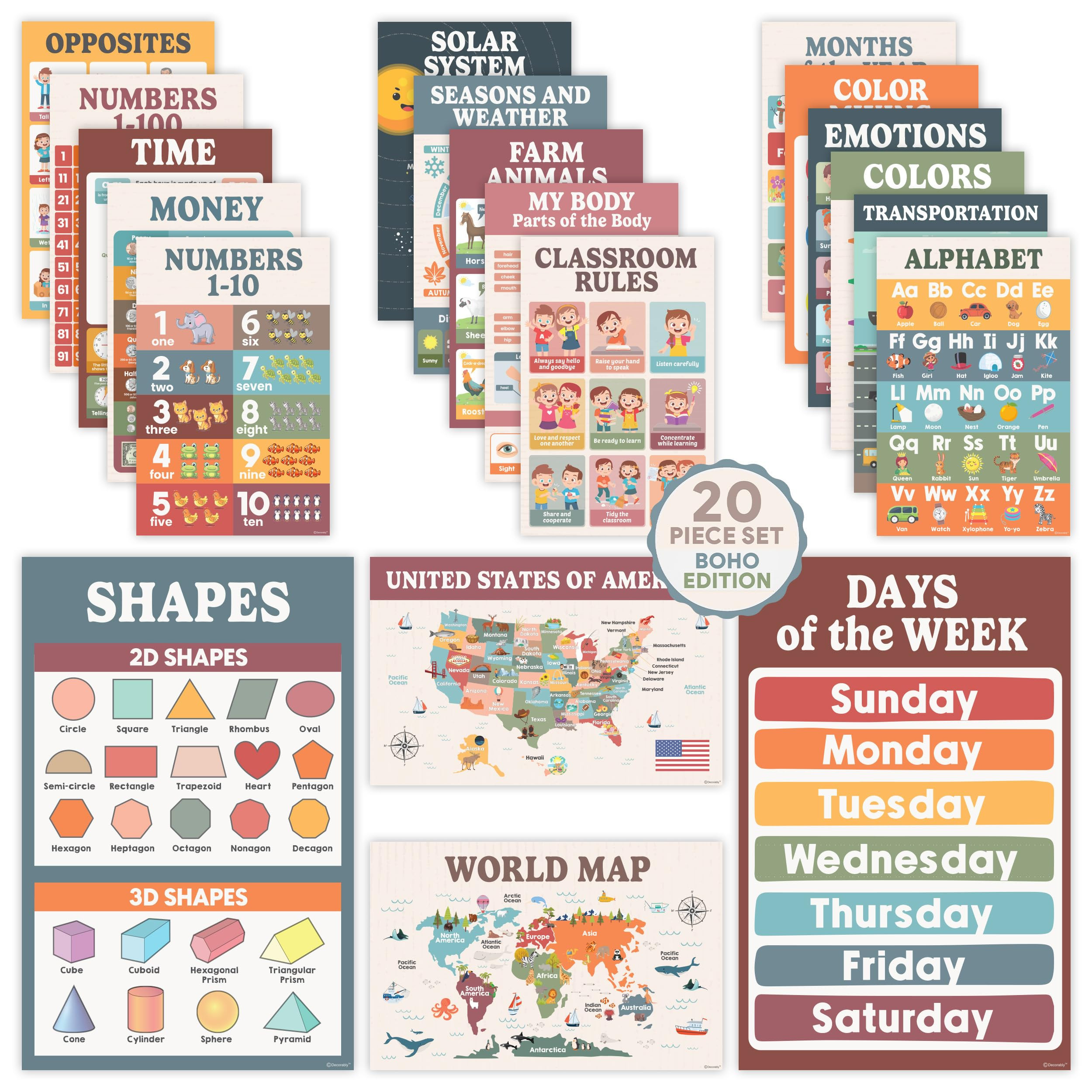 Decorably 20 Boho Learning Posters for Kids Ages 3-5, 11x17in Educational Matte-Laminated for Cla... | Amazon (US)