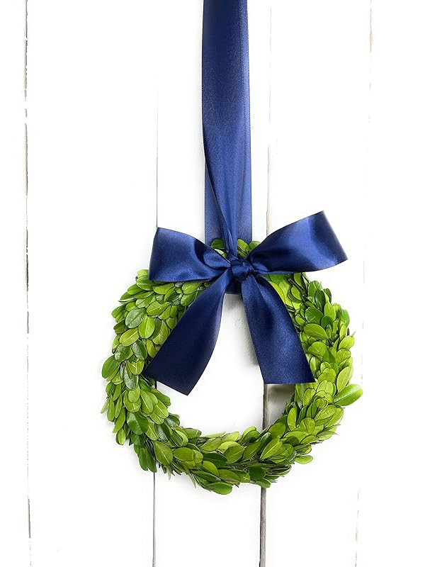 Small Mini Preserved Boxwood Christmas Wreath with Navy Blue Satin Ribbon, Farmhouse Wreath, Choo... | Amazon (US)