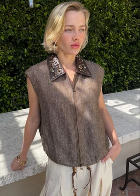 Josephina  Linen Vest with Vegan Leather Rhinestone Collar | Benaar La
