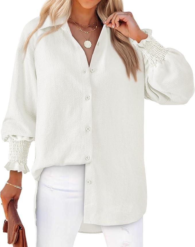 Women's Striped Button Down Shirts Long Sleeve Smocked Cuffed Oversized Boyfriend Blouses Collare... | Amazon (US)