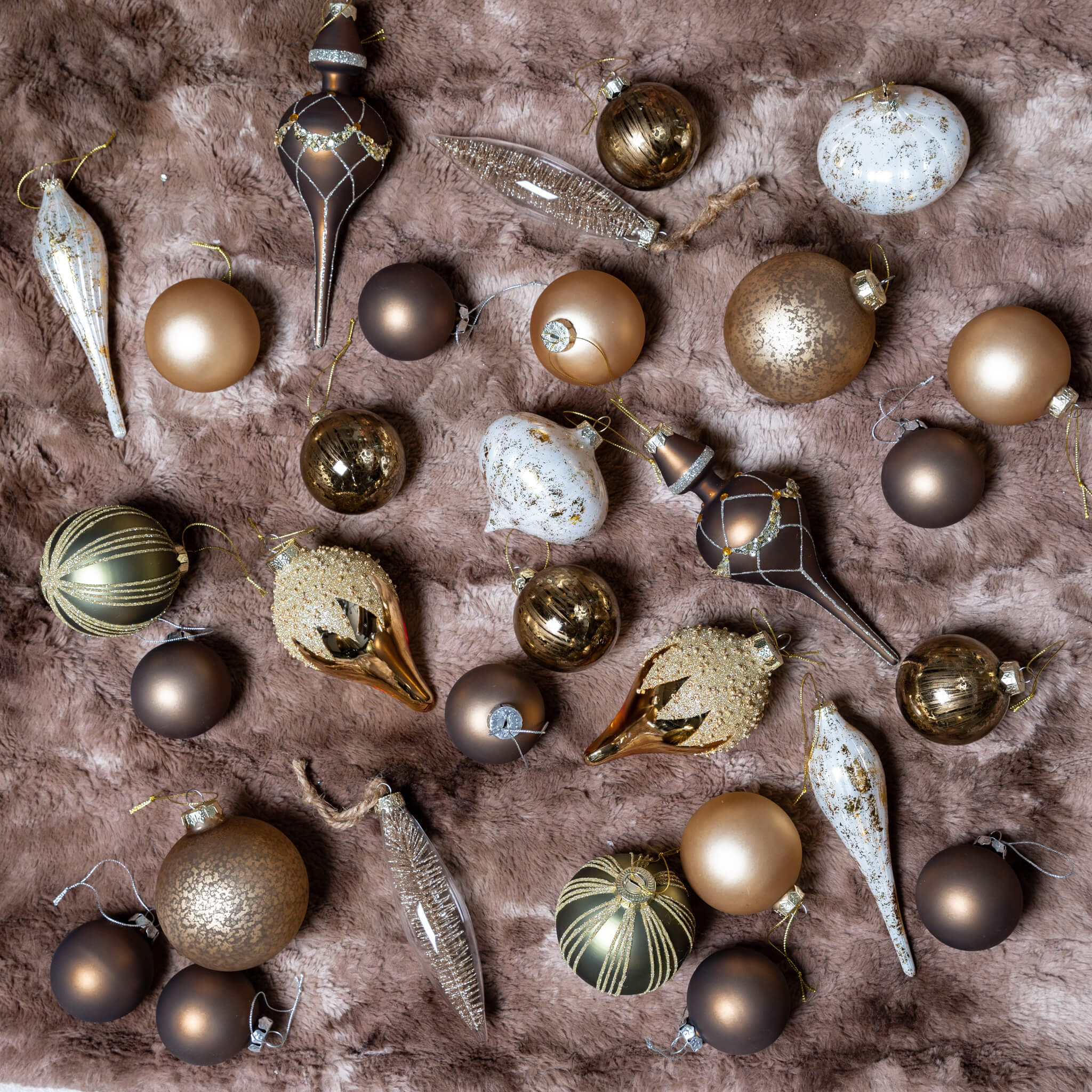 Christmas Chic 15-Piece Glass Ornament Set (Forest-Brown, Gold) | King of Christmas