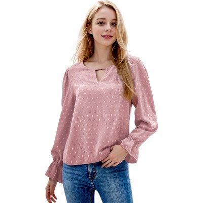 Anna-Kaci Women's Swiss Dot Keyhole Cutout Bishop Sleeve Fashion Blouse - Small, Mauve Pink | Target