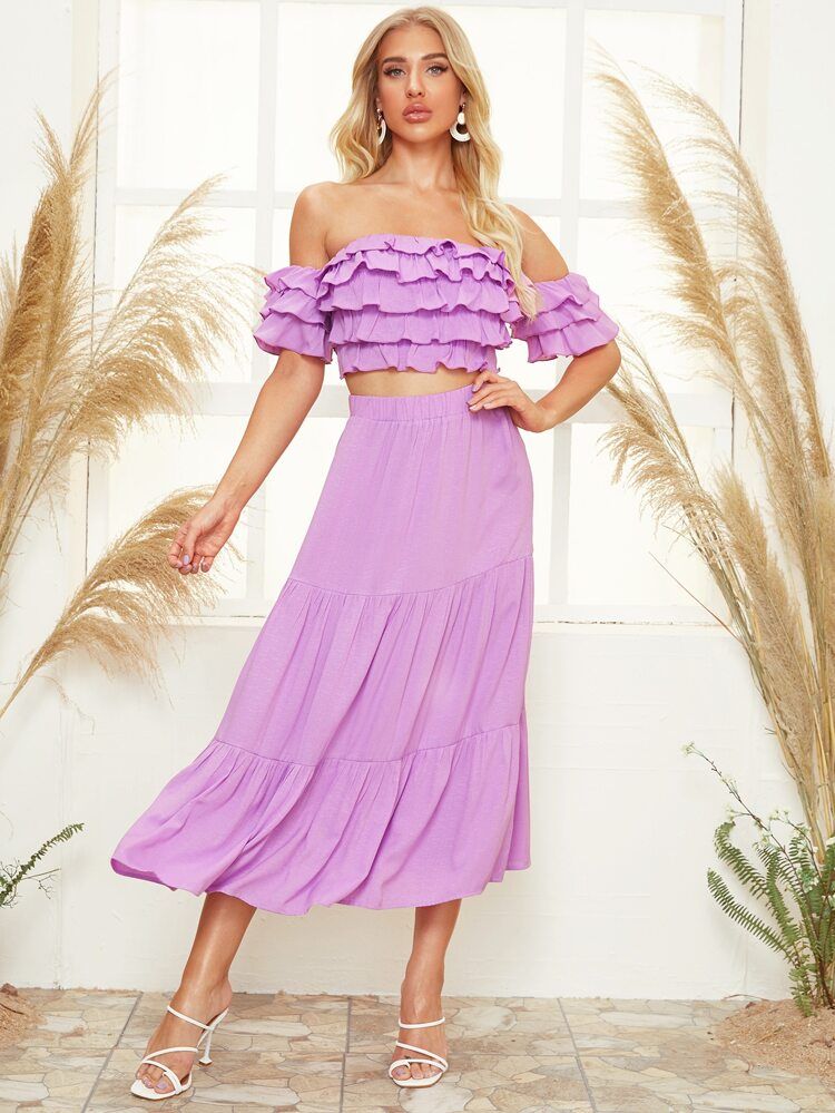 SHEIN Shirred Back Layered Bardot Top & Tiered Skirt Set | SHEIN