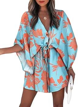 SVALIY Women Summer Floral Casual Party Short Dress Loose V-Neck Half Sleeve Button Shift Flowy S... | Amazon (US)