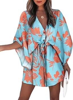 SVALIY Women Summer Floral Casual Party Short Dress Loose V-Neck Half Sleeve Button Shift Flowy S... | Amazon (US)