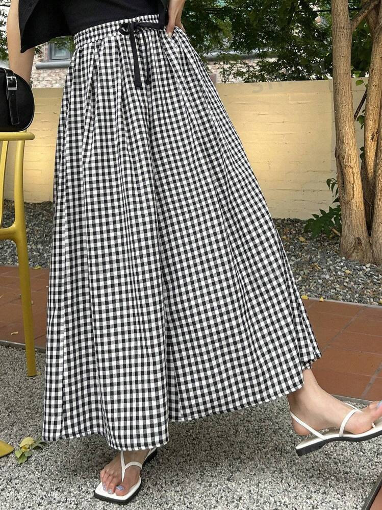 DAZY Gingham Print Drawstring Waist Wide Leg Pants | SHEIN USA | SHEIN