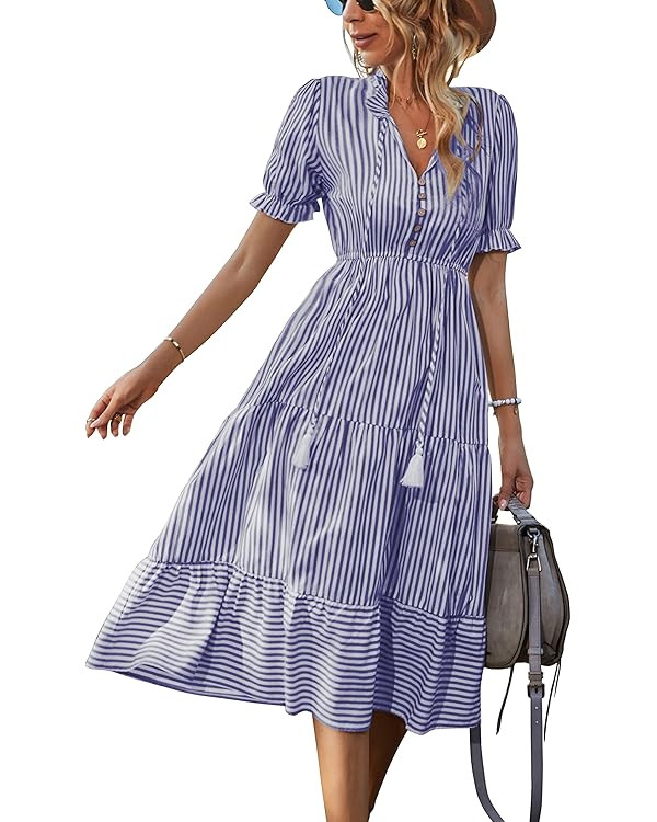 Sexyasasii Women's Summer Ruffle Puff Sleeve Dress Short Sleeve V Neck High Waist Casual Loose St... | Amazon (US)