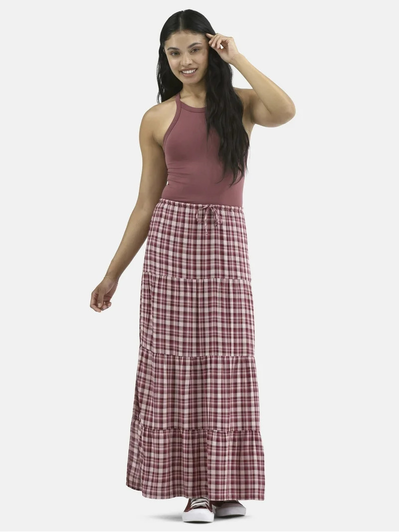 No Boundaries Woven Plaid Tiered Maxi Skirt, Women's - Walmart.com | Walmart (US)