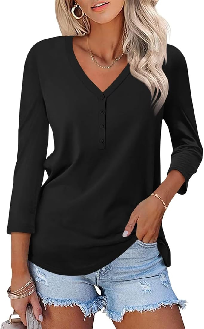 Minetom Women's V Neck 3/4 Sleeve Tops Casual Shirts Basic Summer Tees | Amazon (US)
