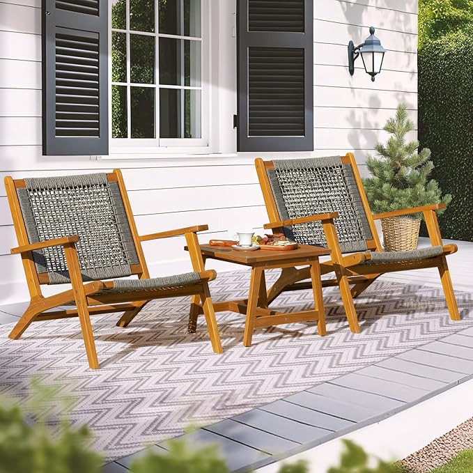 Idzo 3-Piece Wood Patio Bistro Set, FSC-Certified Acacia Wood, Rope Reclining Chairs with Cushion... | Amazon (US)