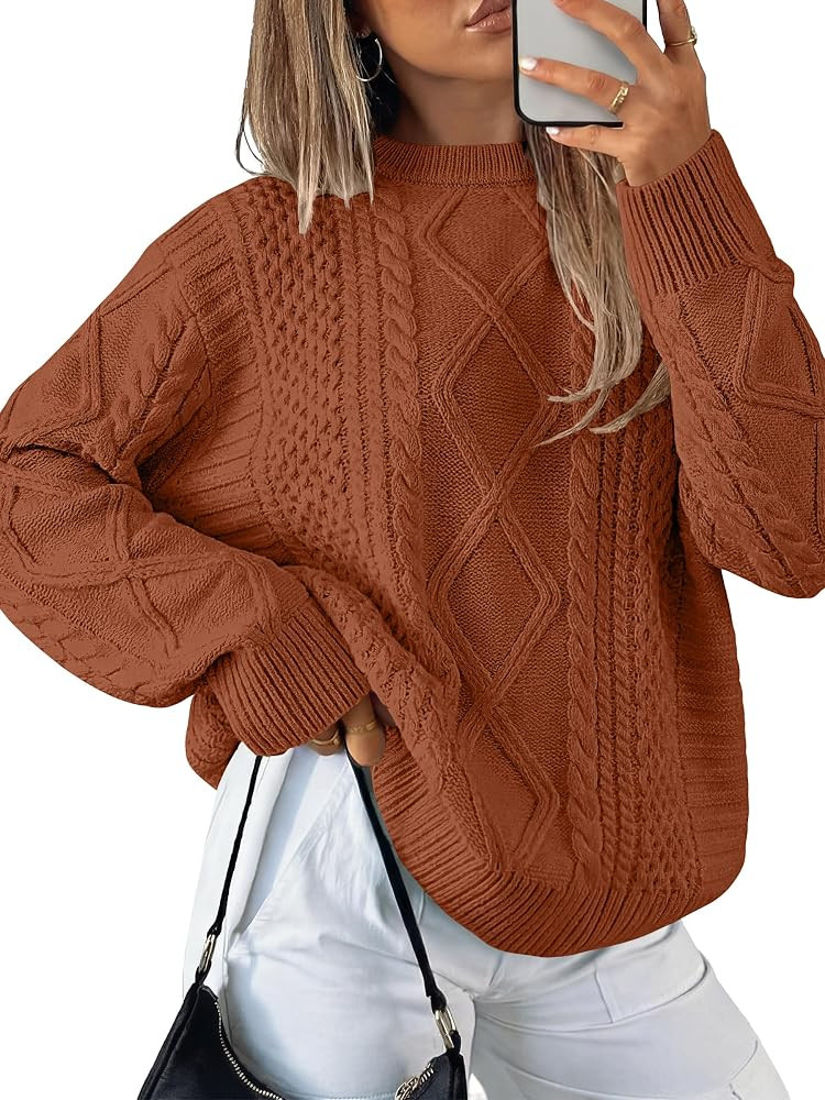 ANRABESS Sweaters for Women Oversized Cable Knit Fall Long Sleeve Crewneck Casual Pullover Sweater Tops 2026 Winter Outfits | Amazon (US)