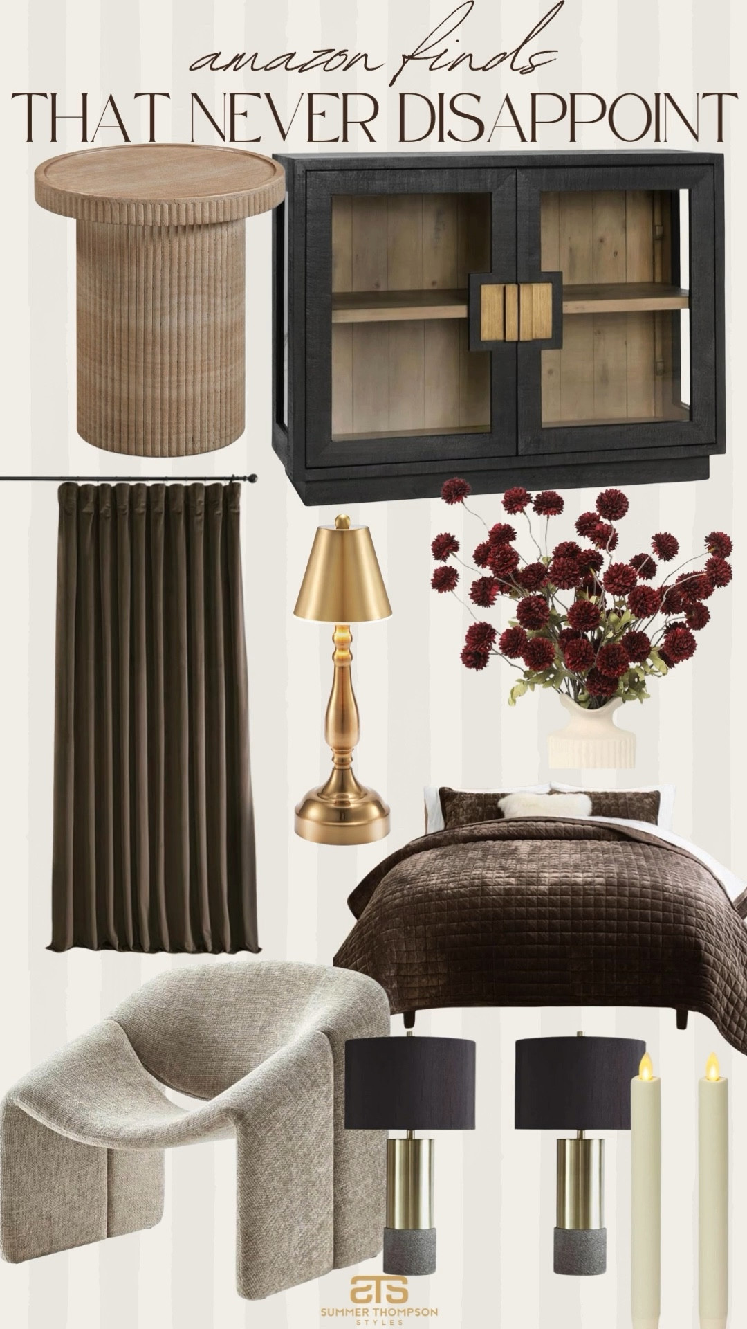 Amazon finds in my home that never disappoint! 

Velvet bedding. Neutral. Chocolate brown. Curtains.accent chair. Faux stems. Cabinet. End table. Side table. Modern home  


#LTKHome