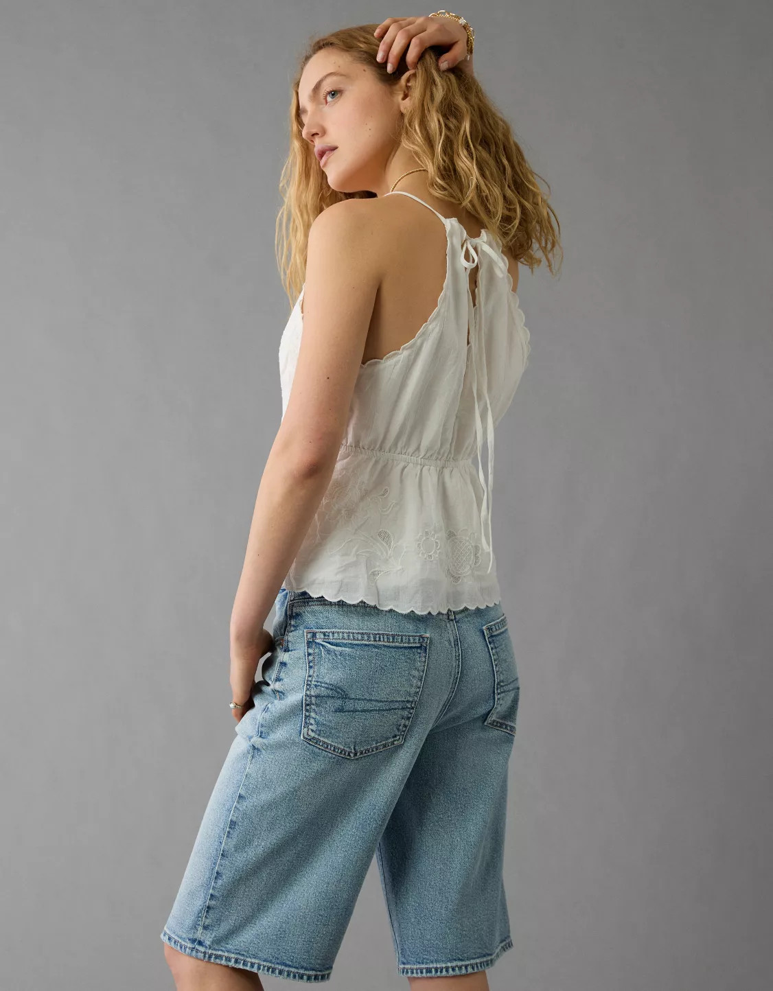 AE V-Neck Embroidered Halter Top | American Eagle Outfitters (US & CA)