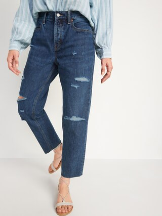 High-Waisted Slouchy Straight Cropped Ripped Dark-Wash Jeans for Women | Old Navy (US)