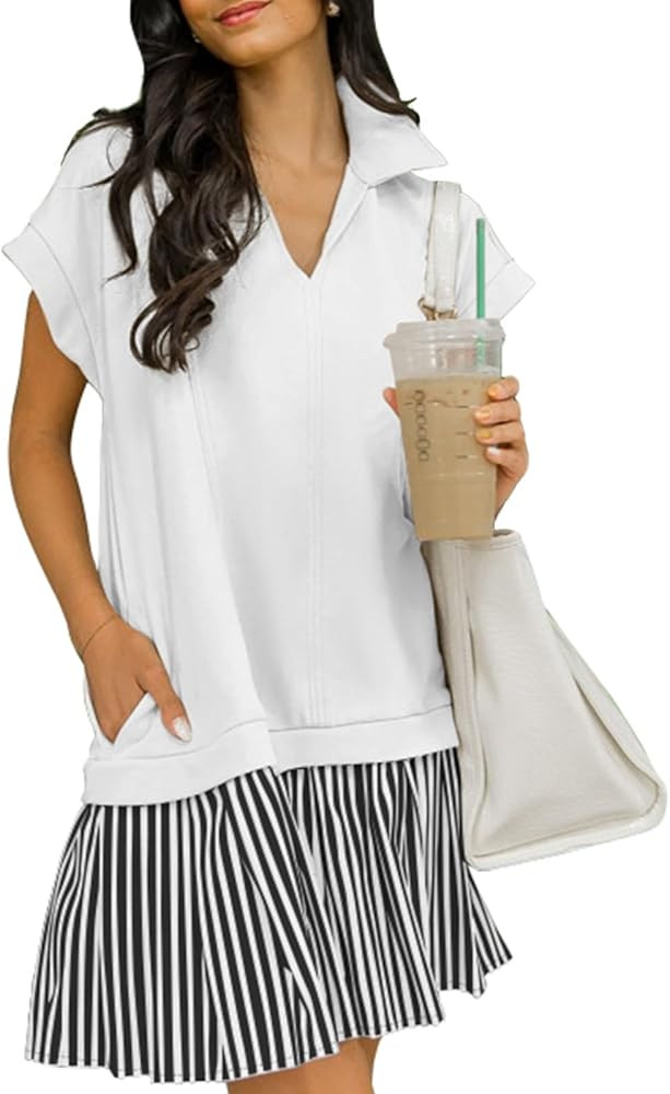 Women's V Neck Short Sleeve Summer Dress Patchwork Cap Sleeve Casual Loose Fit Pleated Striped Sh... | Amazon (US)