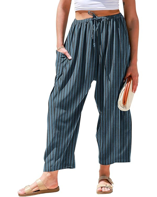 TARSE Womens Linen Wide Leg Pants Casual Loose Drawstring Summer Beach Travel Vacation Palazzo Ha... | Amazon (US)