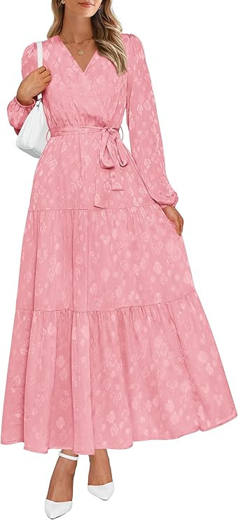 PRETTYGARDEN Womens Spring Long Sleeve Wrap V Neck Ruffle Floral Maxi Dress Casual Tie Waist Boho... | Amazon (US)