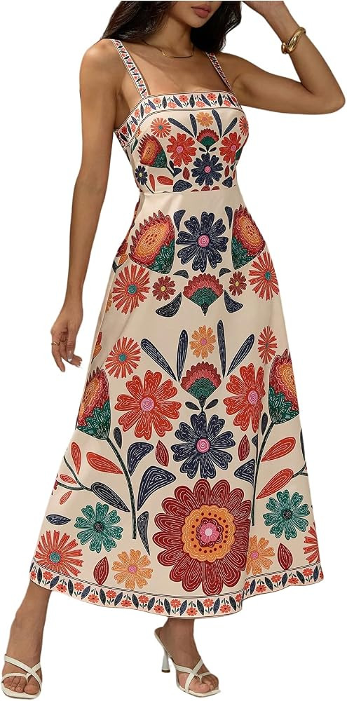 MakeMeChic Women's Floral Flowy Beach Dress Boho Smocked Dresses Sleeveless Maxi Sundress | Amazon (US)
