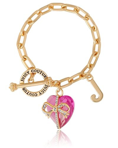Juicy Couture Bracelet with Charms 7.5", Goldtone Toggle Bracelet for Women with Pink Stone Heart Charm, Y2K Jewelry | Amazon (US)