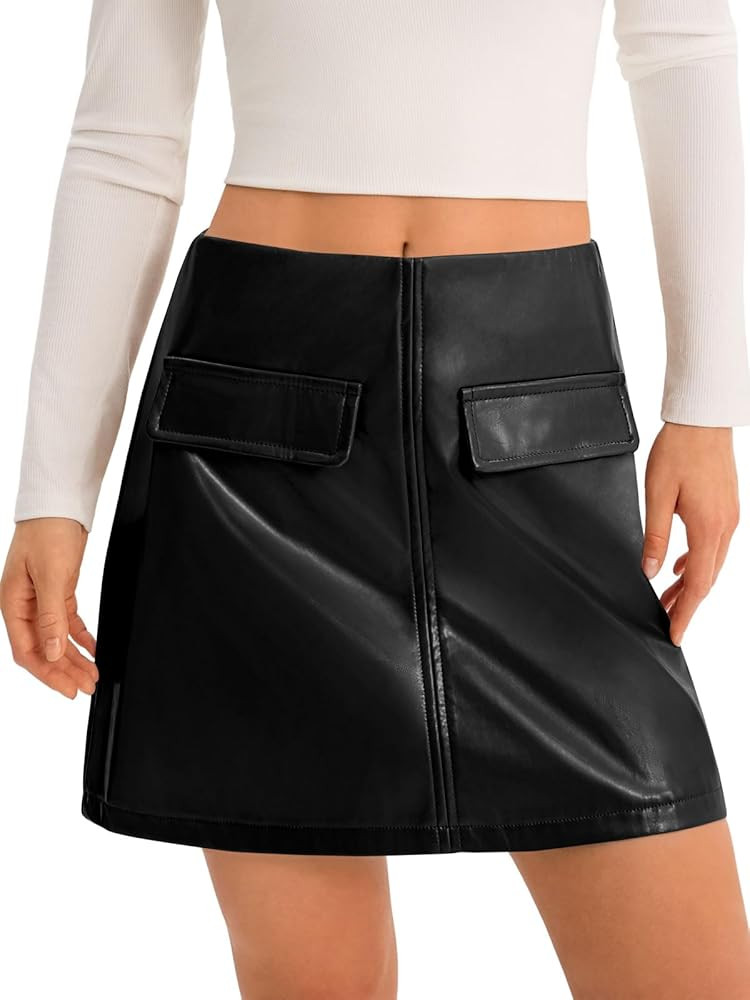 Yousify Womens Faux Leather Mini Skirts High Waisted A-Line Fall Short Skirt with Pockets | Amazon (US)