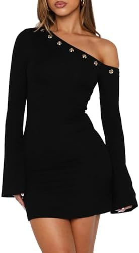 Women's Fall Off The Shoulder Long Flared Sleeve Mini Dress Neckline with Silver Eyelet Bodycon P... | Amazon (US)