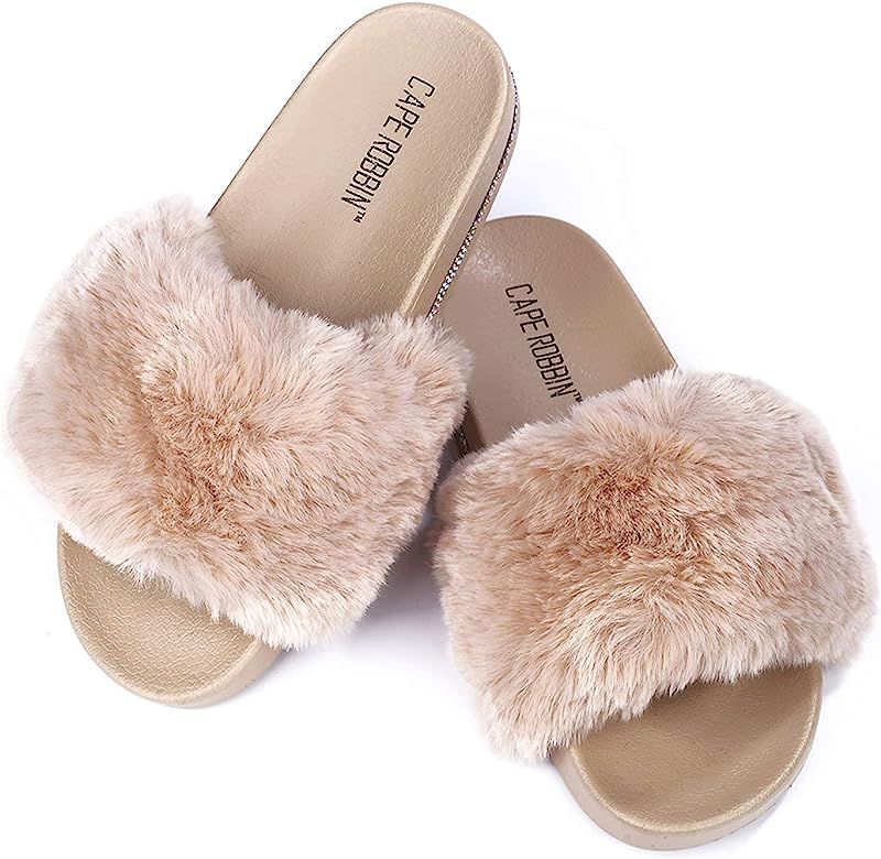 Cape Robbin Boo Furry Faux Fur Slides Slippers for Women, Fluffy Slippers | Amazon (US)