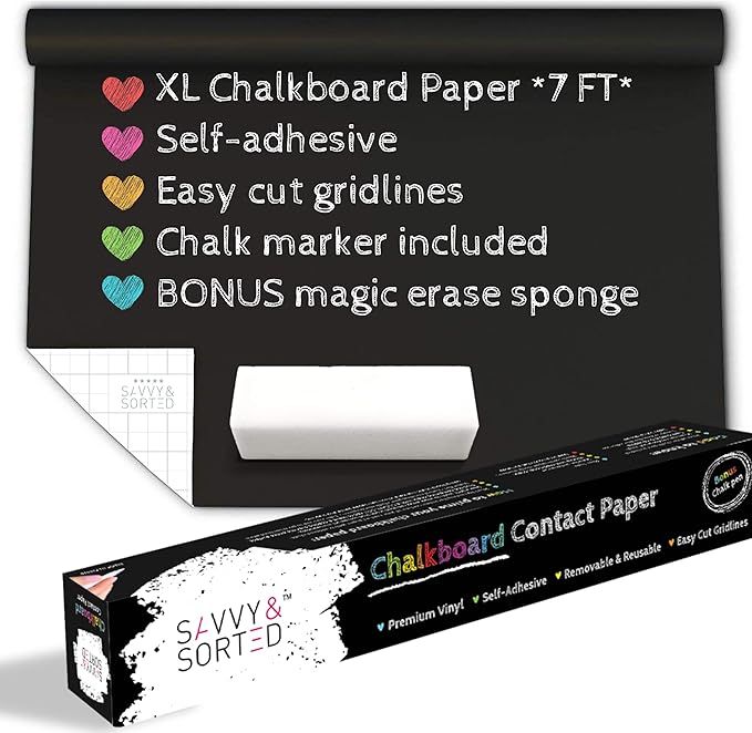 XL Black Chalkboard Contact Paper - 7 FEET (17.7"W x 84"L) Extra Large Chalk Board Paper Roll Pee... | Amazon (US)