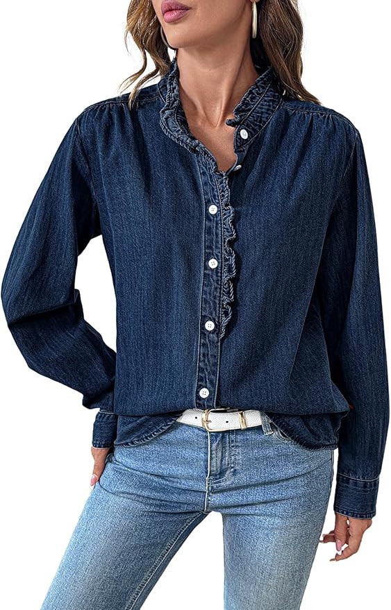 Sidefeel Womens Denim Shirt Button Down Long Sleeve Ruffled Edge Jean Blouses Tops | Amazon (US)