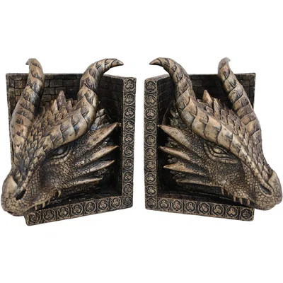 Ariste Gothic Guardians Of Bibliography Brazen Twin Dragon Heads On Pediment Bookend Figurine | Wayfair North America