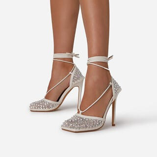 Genoa Diamante Detail Lace Up Square Toe Court Heel In Cream Nude Fishnet | EGO Shoes (US & Canada)