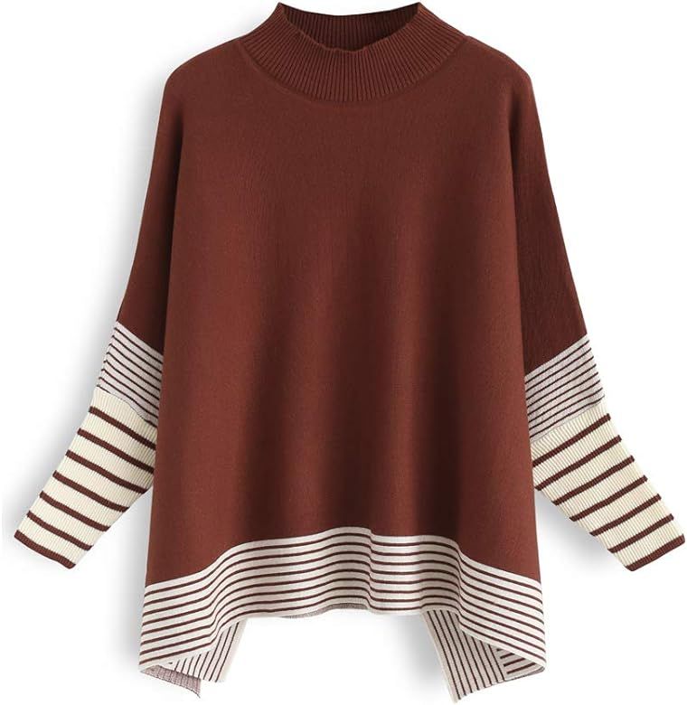 Women's Mustard/Black/Caramel/Olive/Grey Striped Oversize Soft Knit Cape Sweater Pullover | Amazon (US)