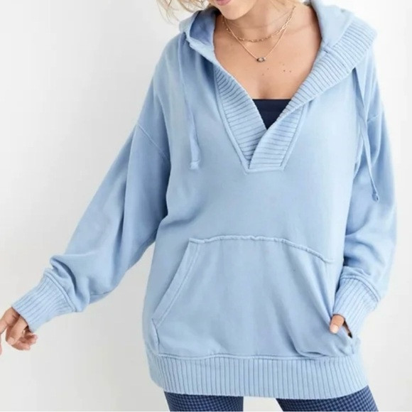 Aerie Down To Earth Blue‎ Henley Ribbed Oversized Sweatshirt Hoodie Small | Poshmark