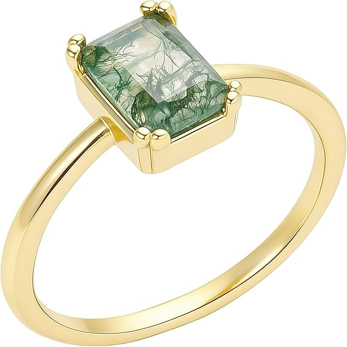 Glowave Moss Agate Ring Dainty Rings for Women 14k Gold Plated Engagement Wedding Promise Ring Je... | Amazon (US)