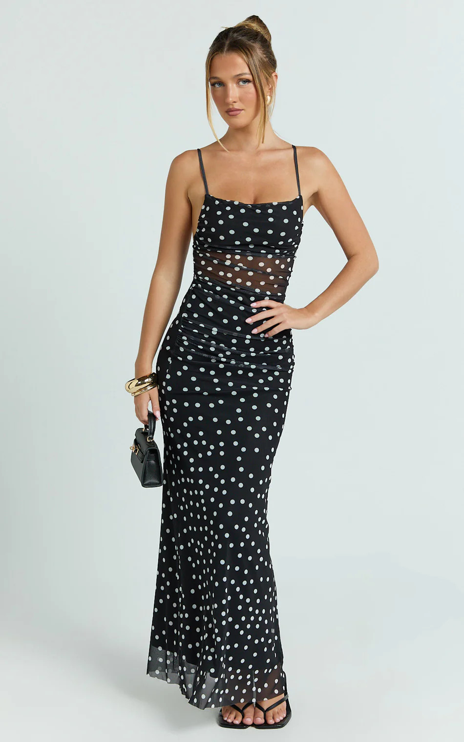 Gia Maxi Dress - Straight Neck Fitted Dress in Black White Spot | Showpo (US, UK & Europe)
