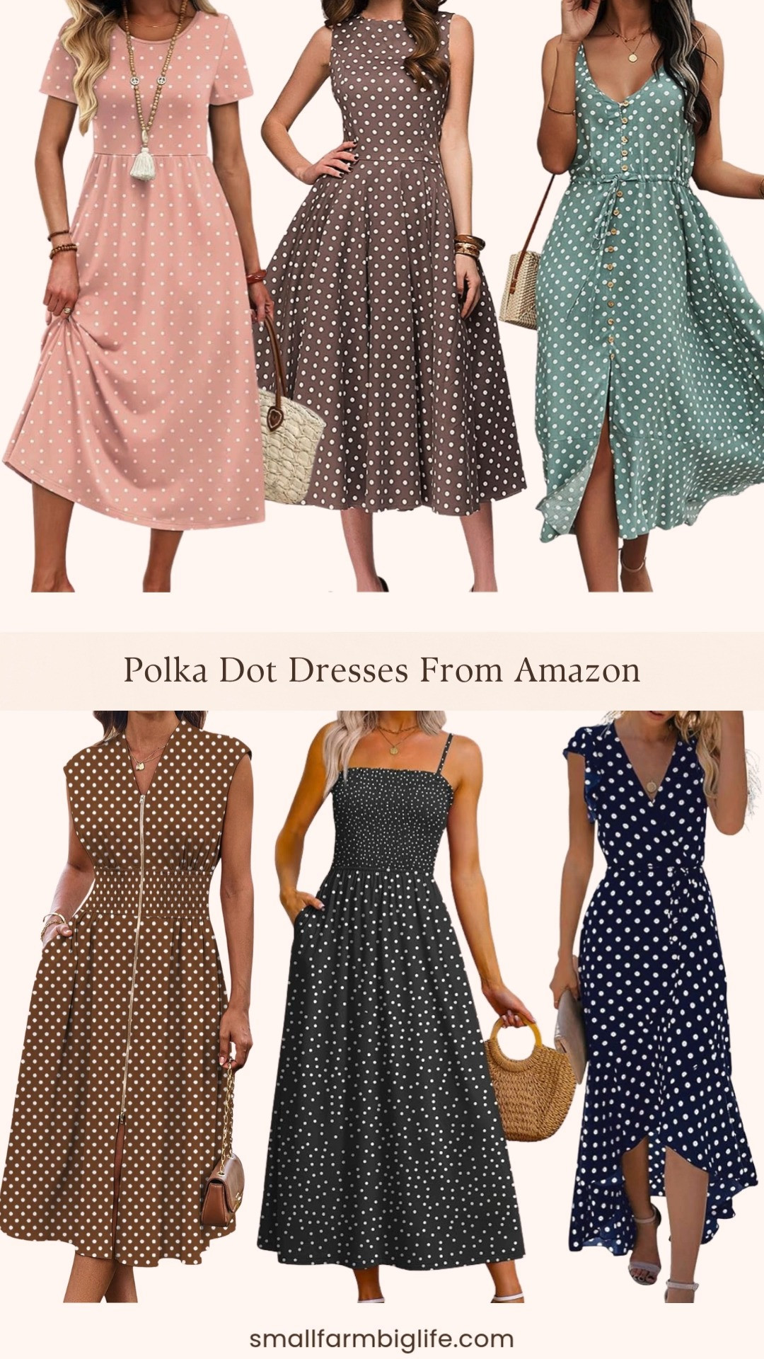 Polka dot dresses from Amazon and this round up is so good for spring and summer 🌸✨ A dark blue polka dot vneck faux wrap maxi dress, a brown polka dot cap sleeve zipper front flowy midi dress with pockets, a brown polka dot sleeveless oneck cocktail dress, a sage green polka dot spaghetti strap vneck flowy midi dress, a black and white polka dot smocked spaghetti strap maxi dress with pockets, and a pink polka dot crewneck short sleeve flowy casual midi beach sundress with pockets. Polka dots are having such a moment right now and every single one of these dresses is so cute and so affordable from Amazon. Whether you love a maxi, a midi, or something a little more cocktail there is a polka dot dress in this round up for every occasion this spring and summer. Everything is linked! 🛒 

 #LTKgrwm #LTKootd #LTKOver40