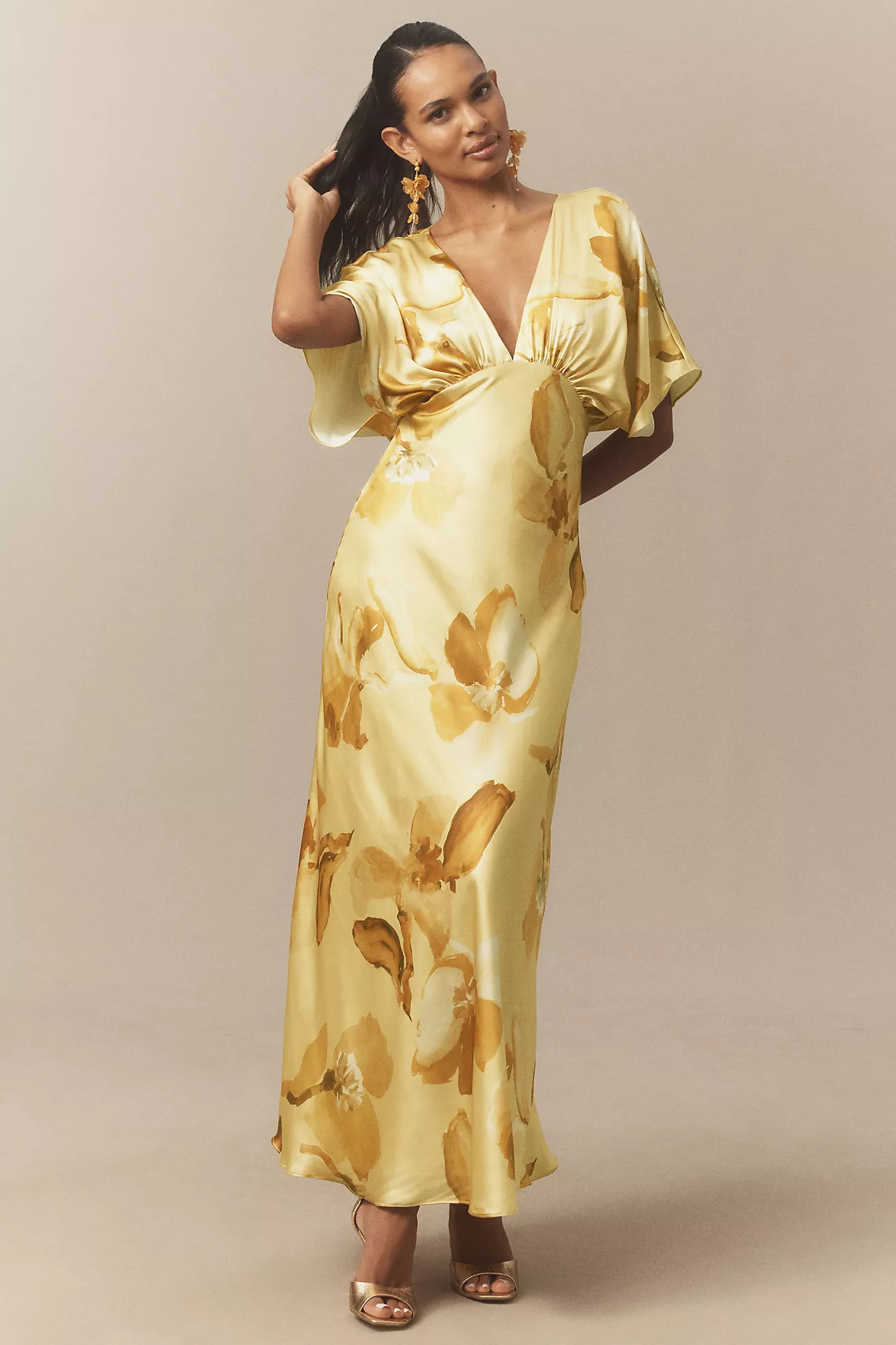 BHLDN Amelia Deep-V Flutter-Sleeve Satin A-Line Gown | Anthropologie (US)